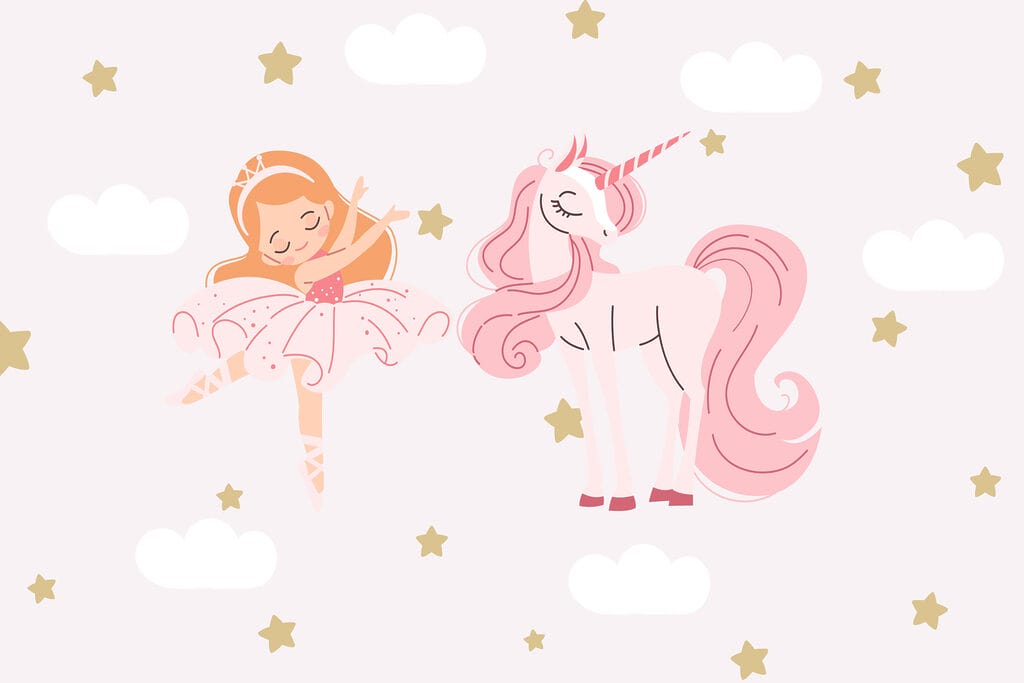 Cartoon of a girl ballet dancer and a unicorn