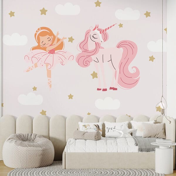 Wall murals Cartoon of a girl ballet dancer and a unicorn