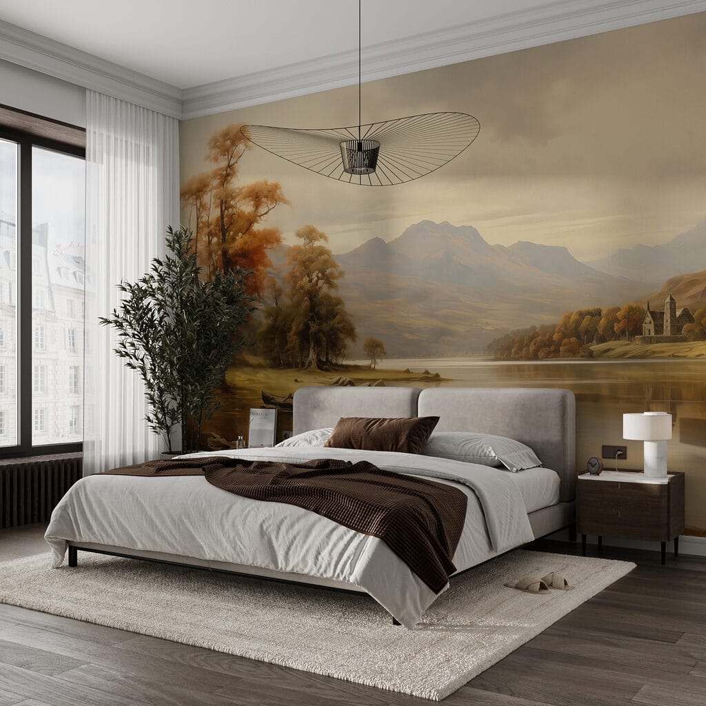 Lake with trees and mountains in the background