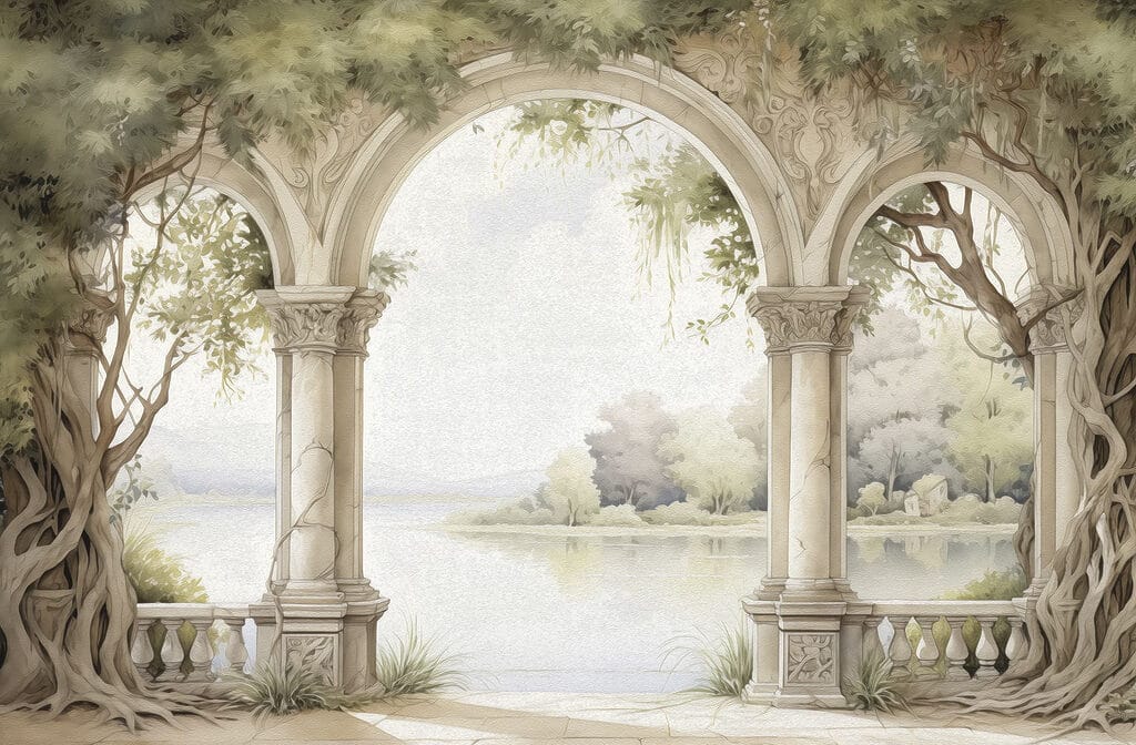 Watercolor painting of a stone archway with trees and a lake Watercolor painting of a stone archway with trees and a lake