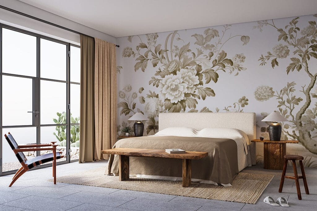 Wallpaper with flowers and trees