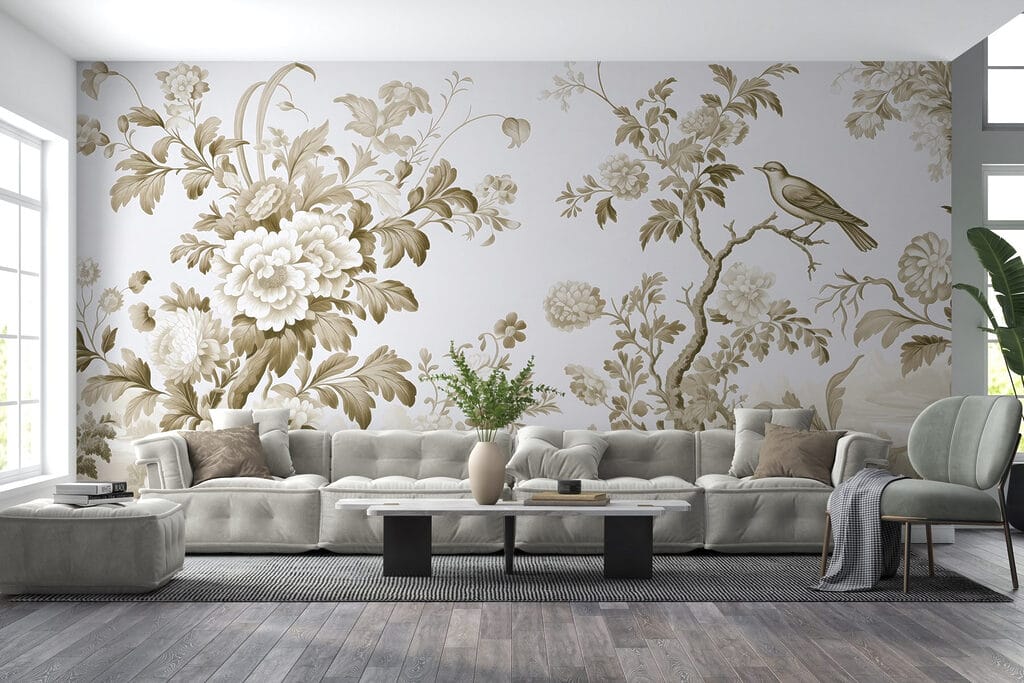 Wallpaper with flowers and trees