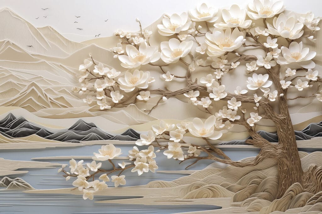 Tree with white flowers and mountains