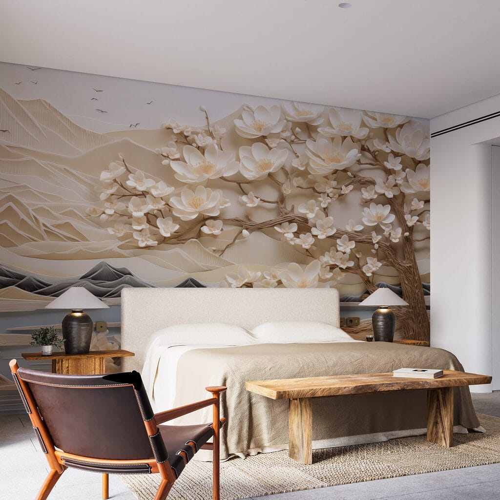 Tree with white flowers and mountains