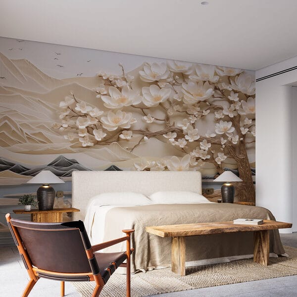 Wall murals Tree with white flowers and mountains (SKU: w02981) Wall murals Wall murals Tree with white flowers and mountains (SKU: w02981)