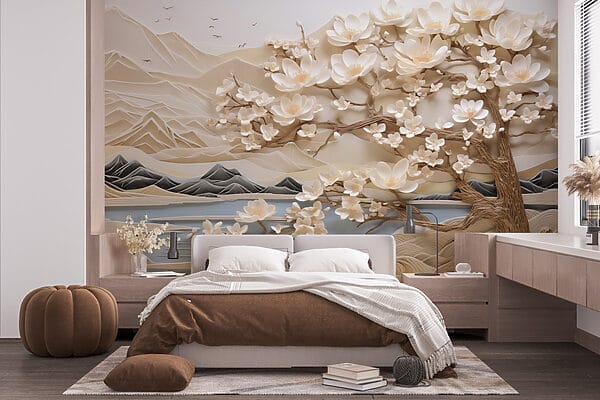 Tree with white flowers and mountains