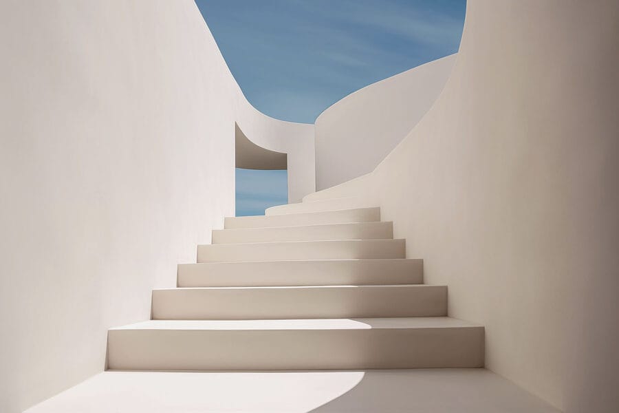 White staircase with a blue sky