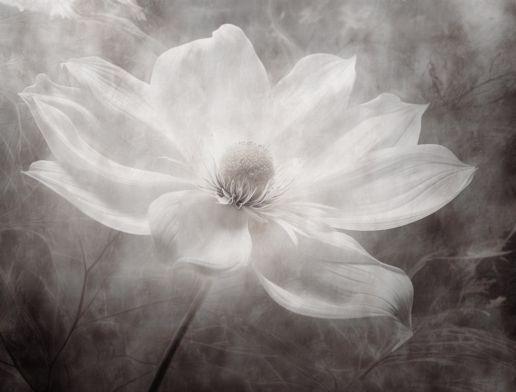 White flower with a black center