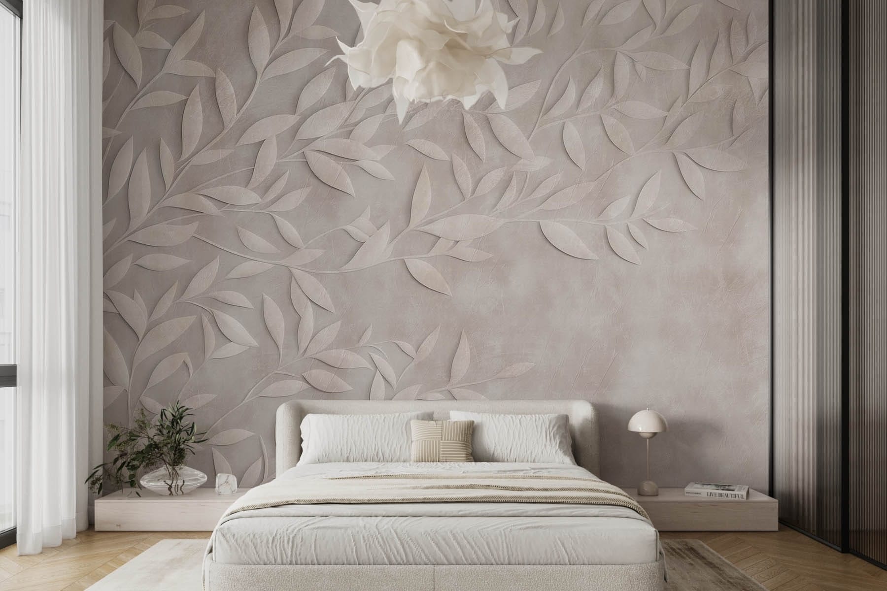 White leaf design on a wall
