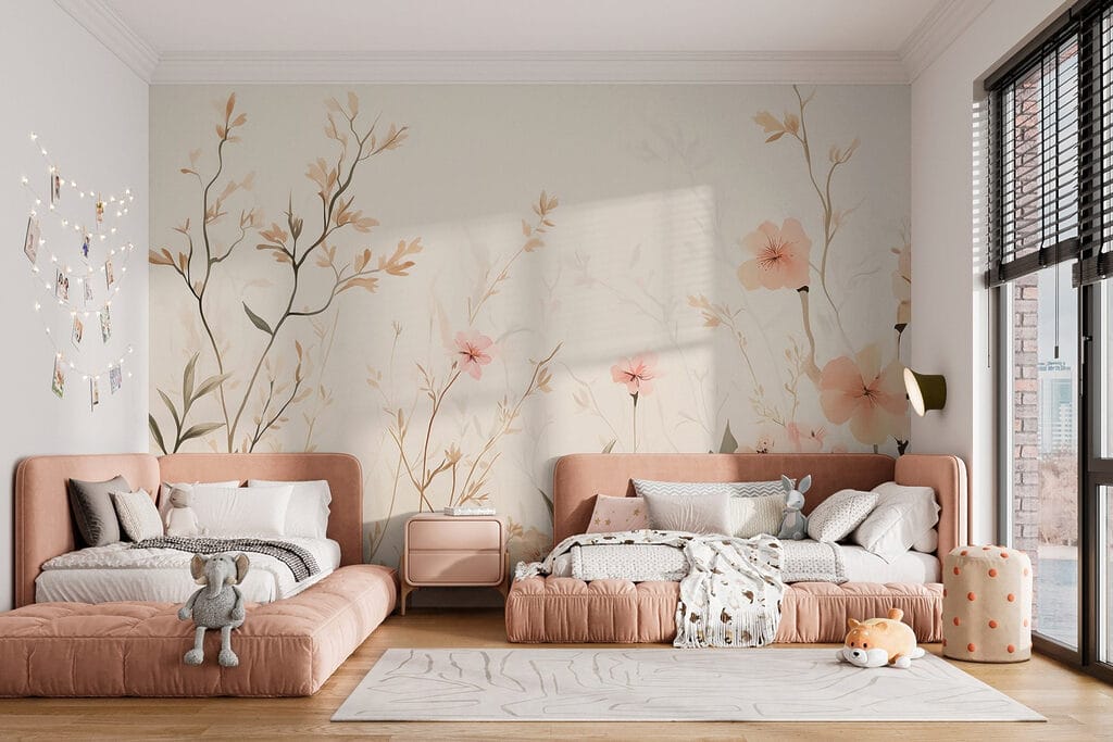 Wallpaper with flowers and leaves