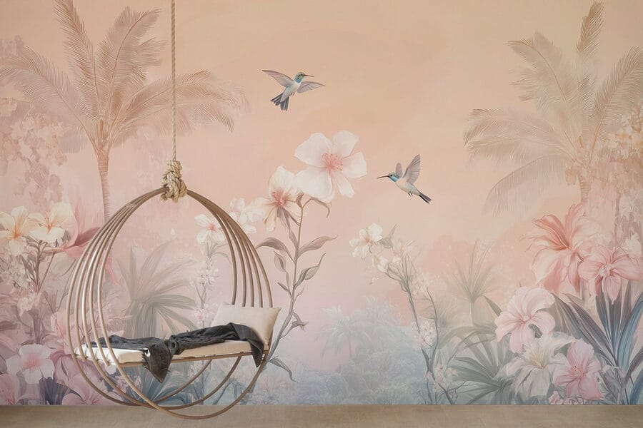 Wall murals Group of birds flying over flowers