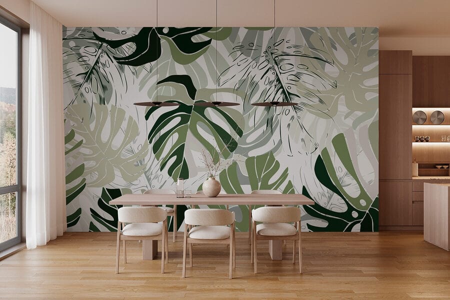 Wall murals Pattern of leaves on a white background - Image 3