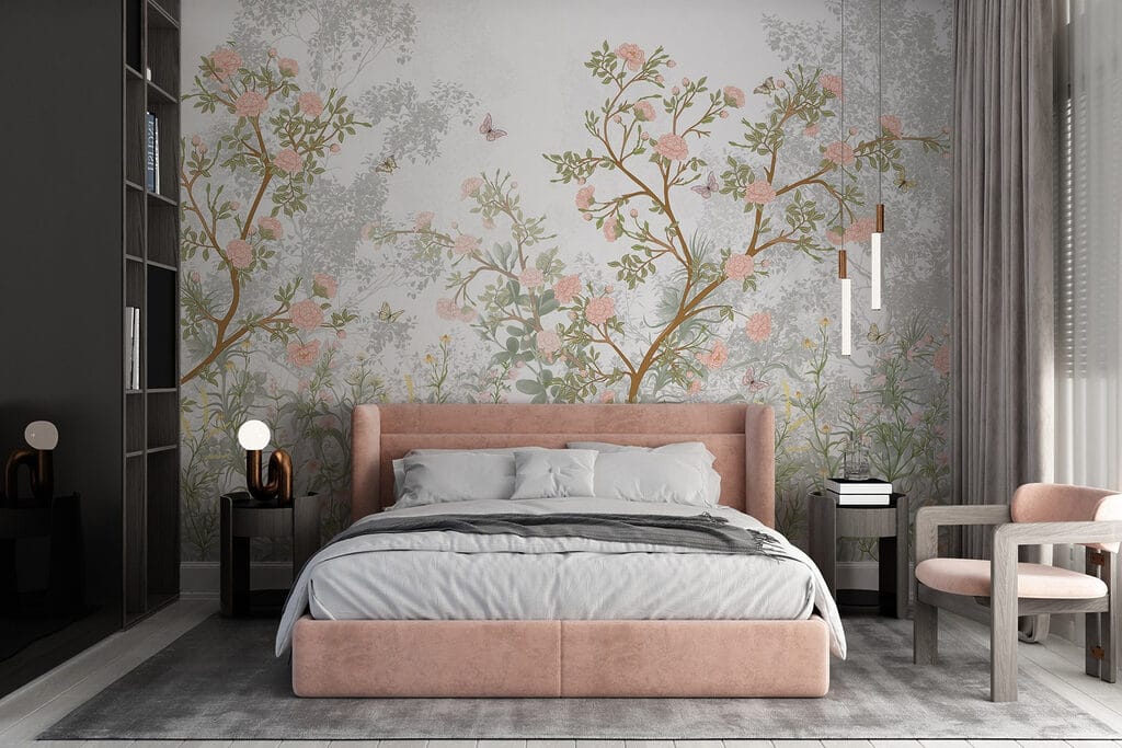 Painting of a tree with flowers and butterflies Painting of a tree with flowers and butterflies