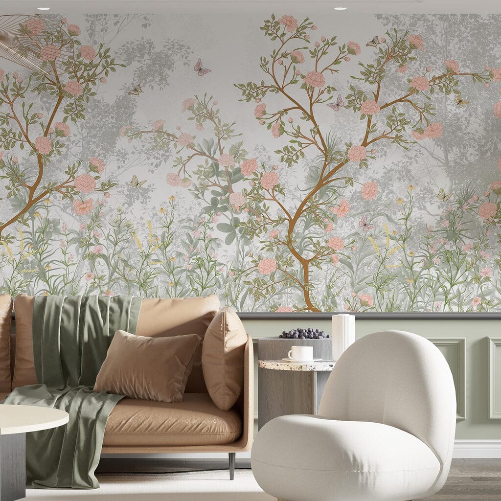 Painting of a tree with flowers and butterflies Painting of a tree with flowers and butterflies