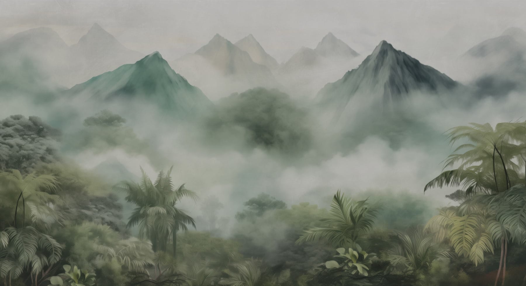 Foggy landscape with mountains and trees