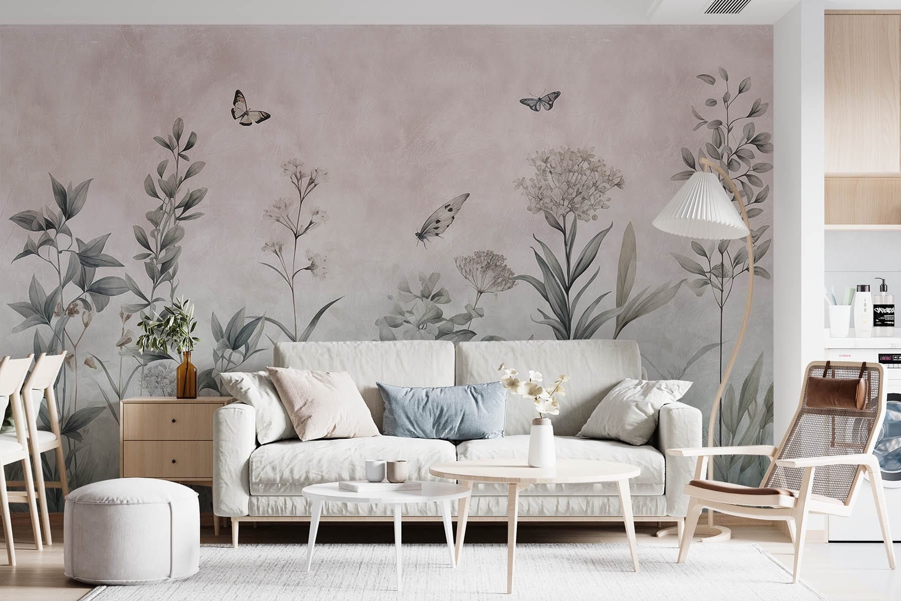 Wallpaper with butterflies and plants