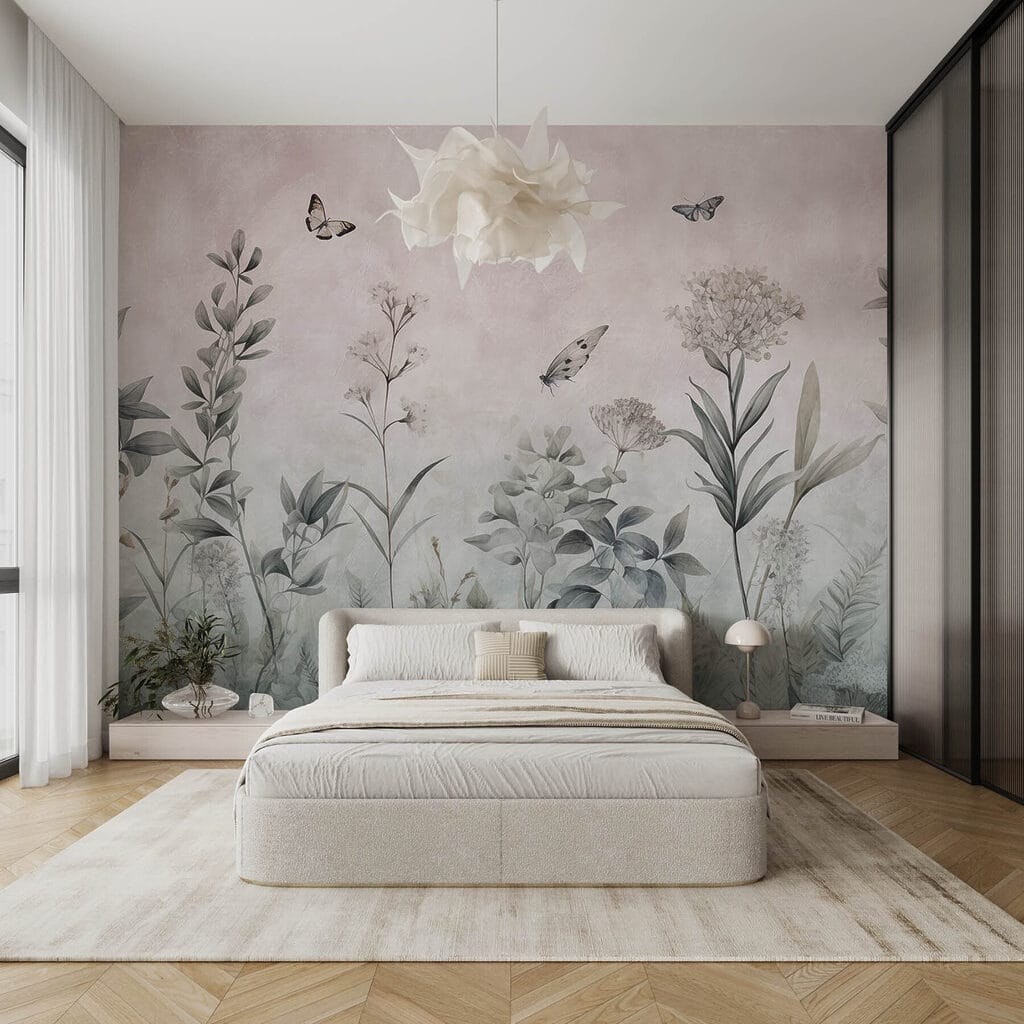 Wallpaper with butterflies and plants