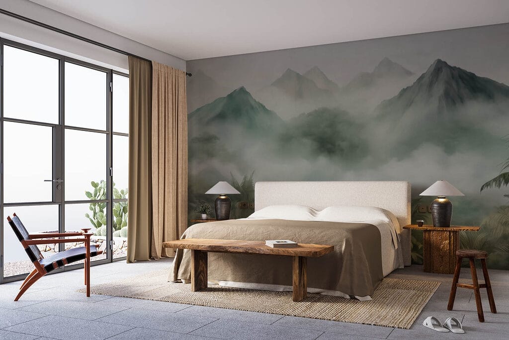 Foggy landscape with mountains and trees