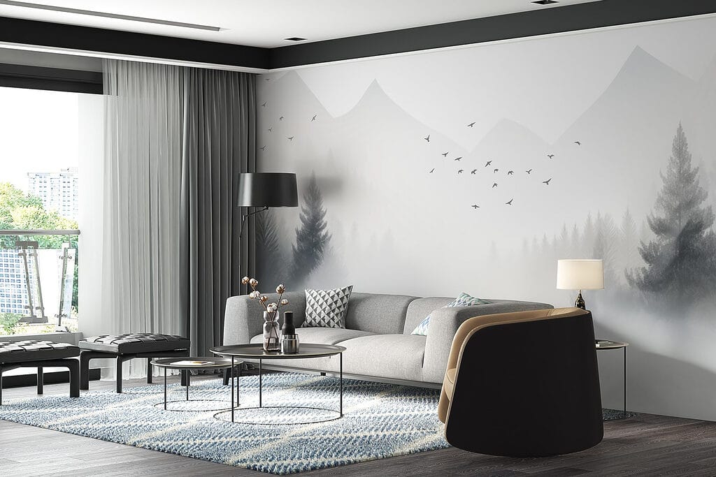 Birds flying over a foggy forest Birds flying over a foggy forest