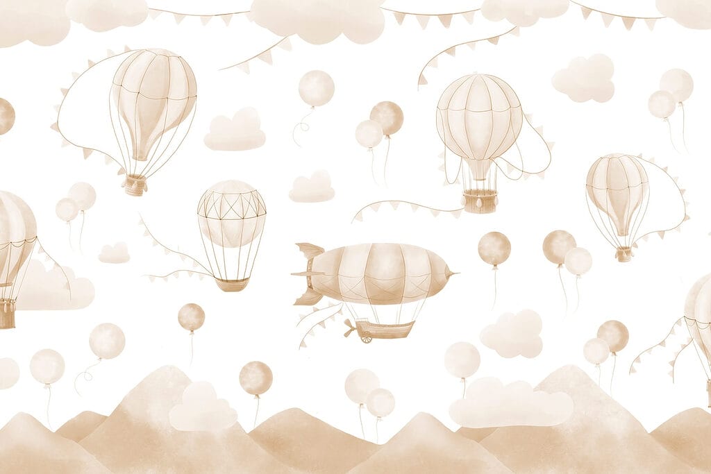 Group of hot air balloons and mountains