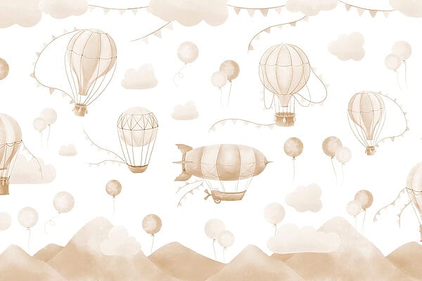 Group of hot air balloons and mountains