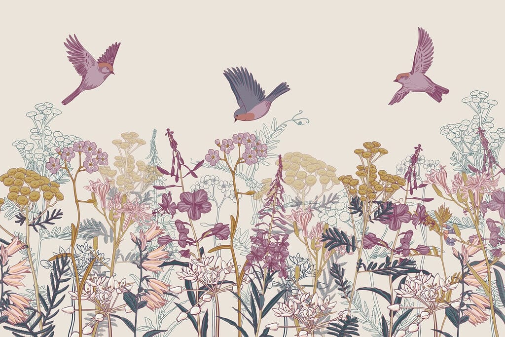 Birds flying over flowers Birds flying over flowers