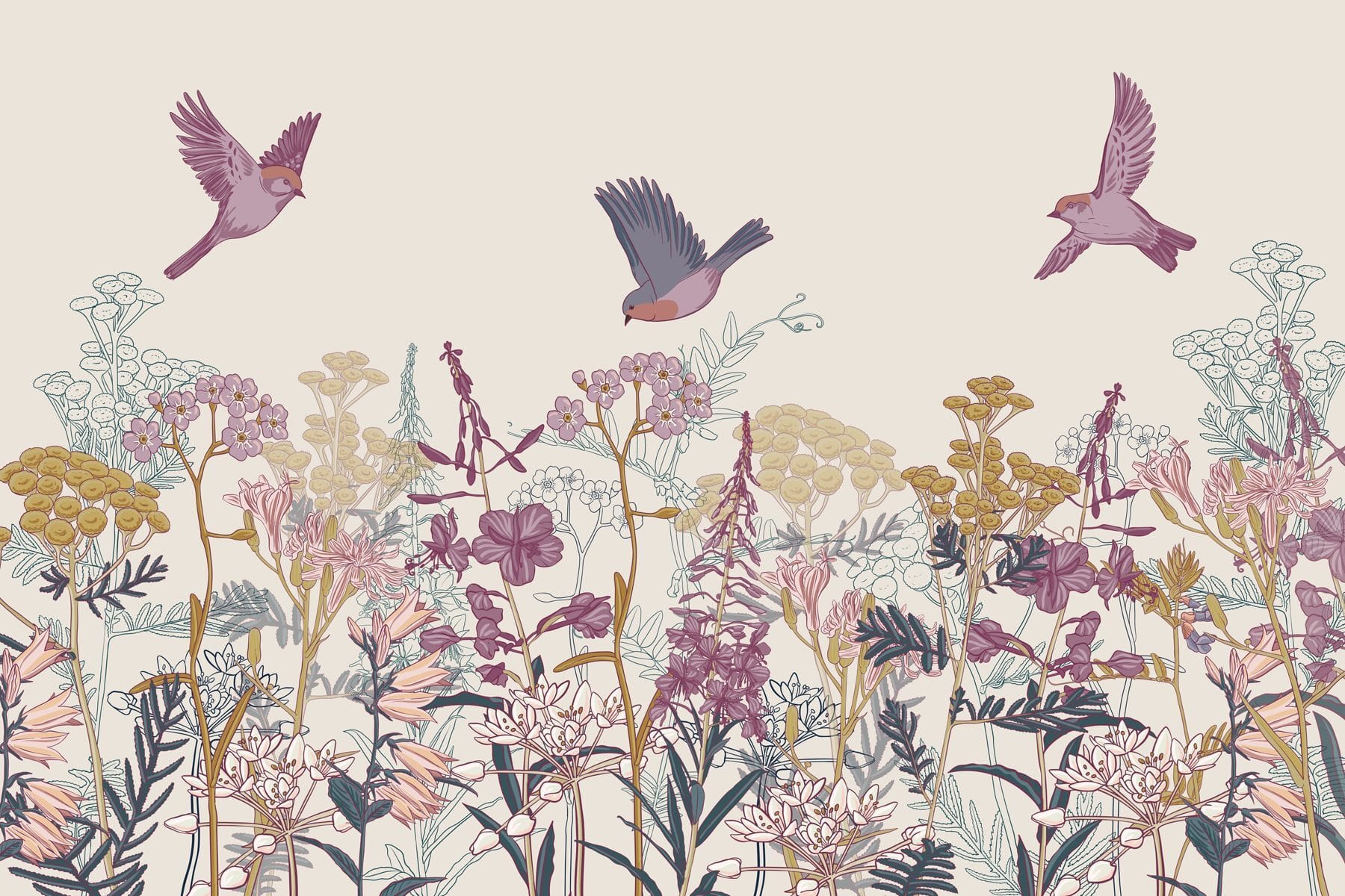 Birds flying over flowers