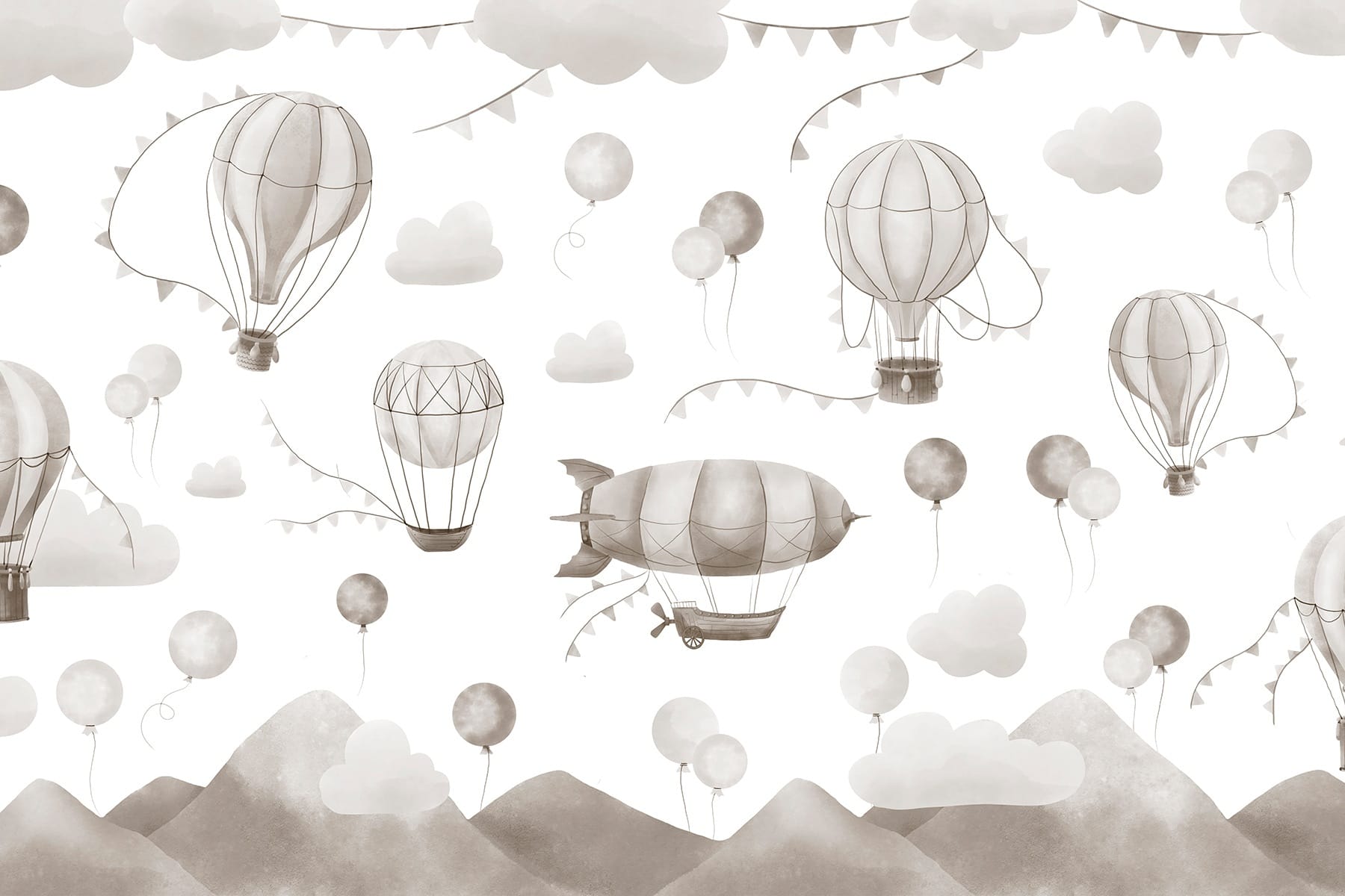 Pattern of hot air balloons and mountains
