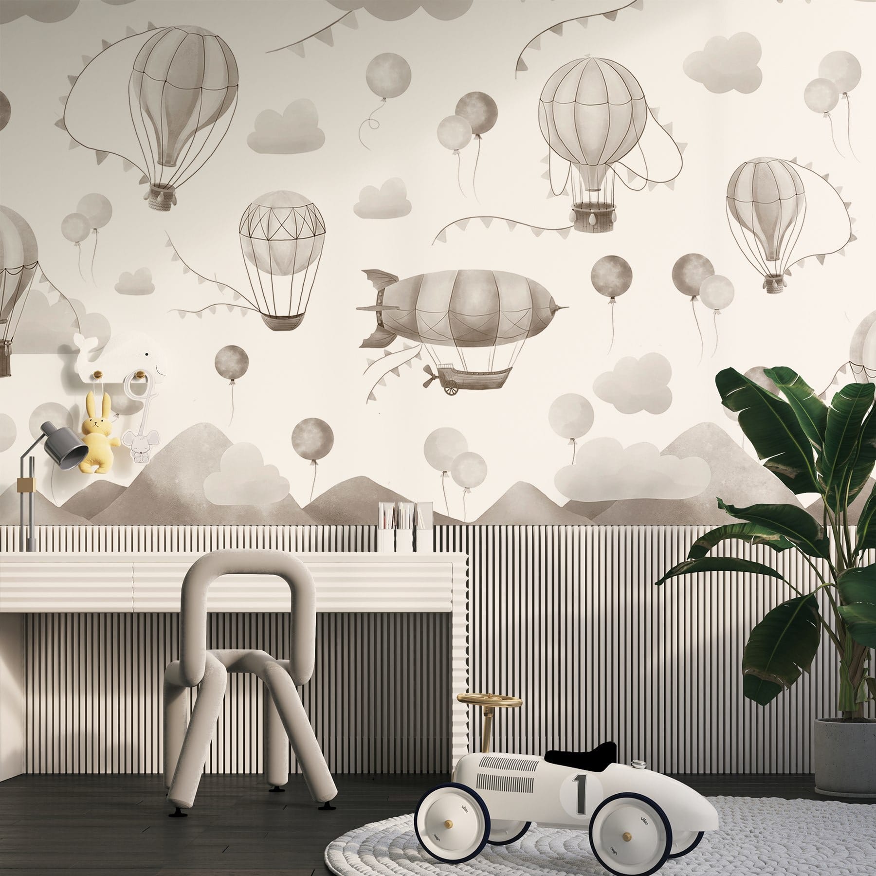 Pattern of hot air balloons and mountains