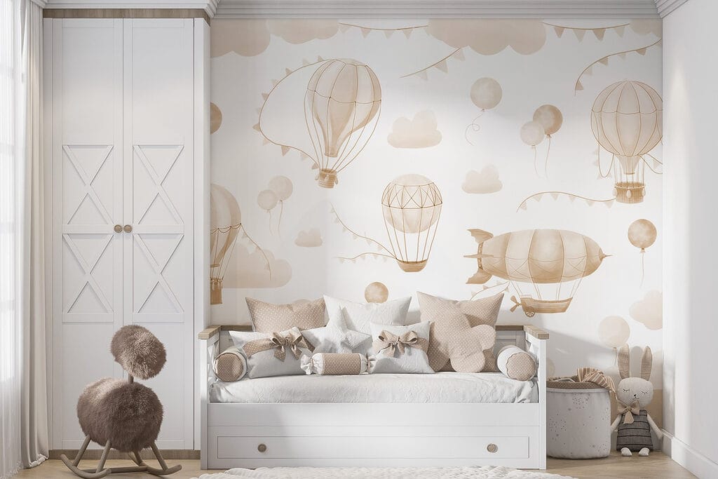 Group of hot air balloons and mountains