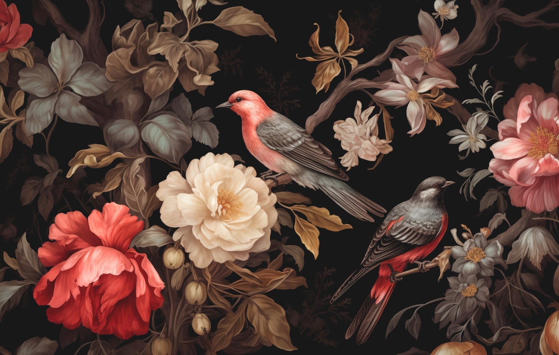 Painting of birds on flowers