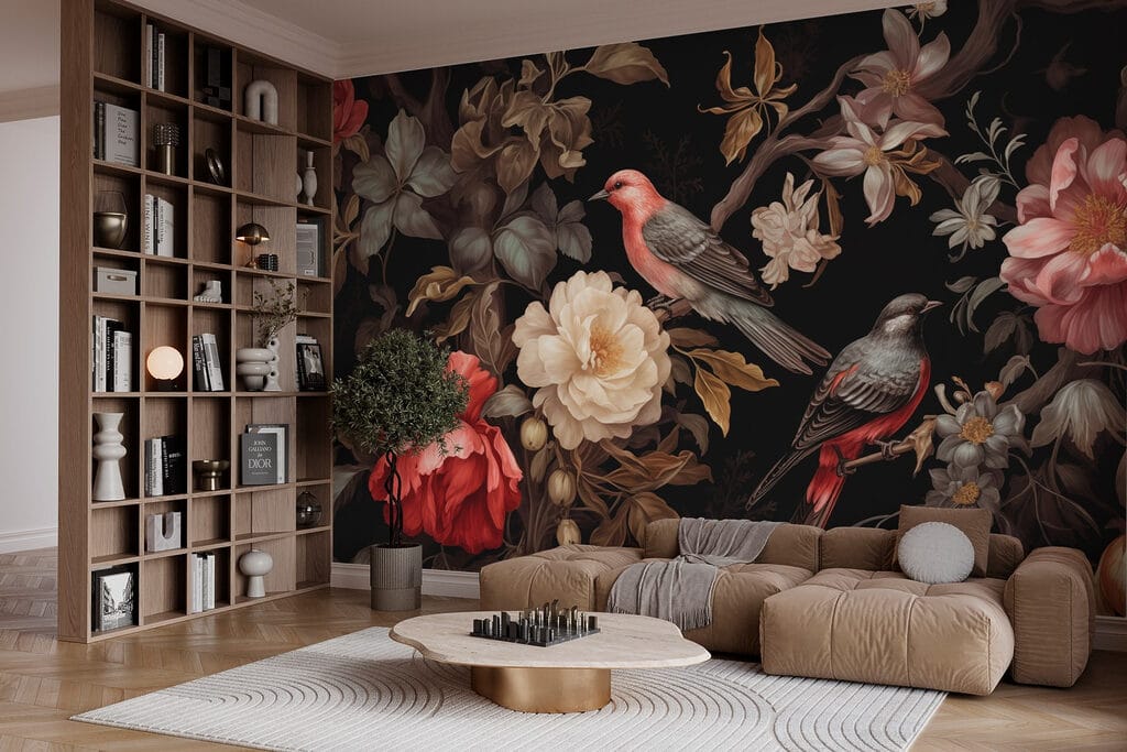 Painting of birds on flowers