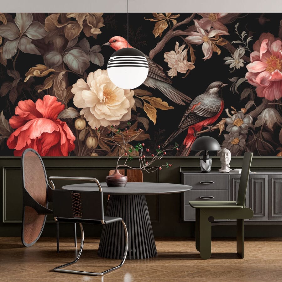 Painting of birds on flowers