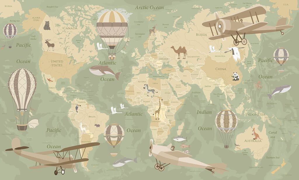 A map of the world with airplanes and hot air balloons A map of the world with airplanes and hot air balloons