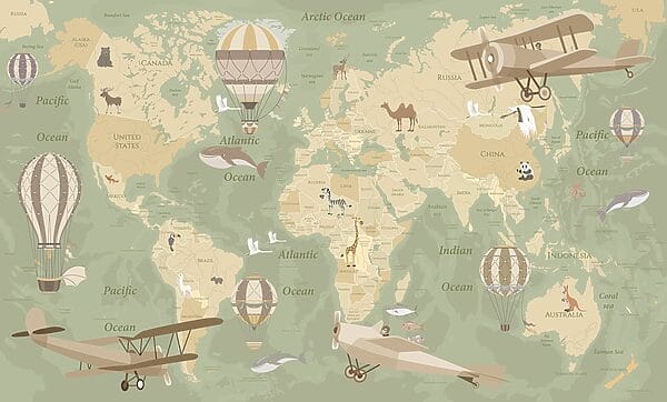 A map of the world with airplanes and hot air balloons A map of the world with airplanes and hot air balloons