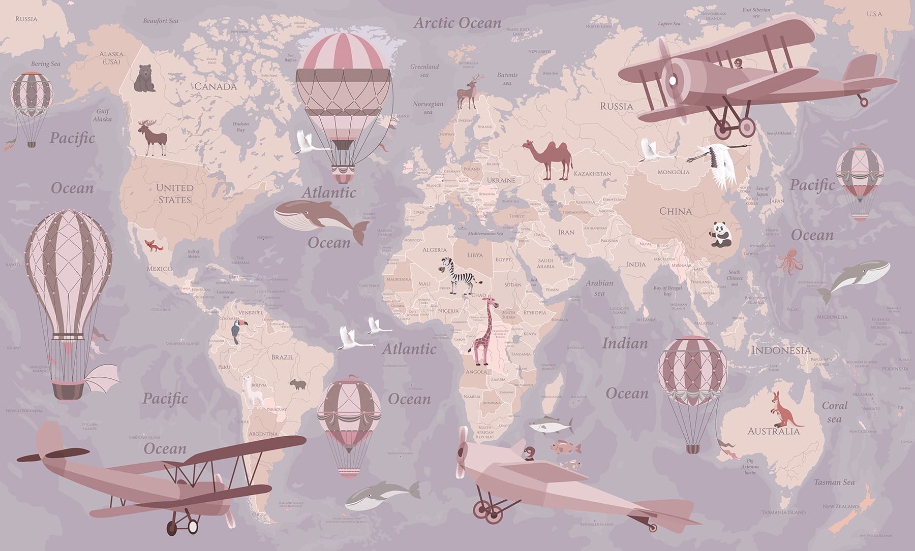 u36066v3p - A map of the world with airplanes and hot air balloons - tegory