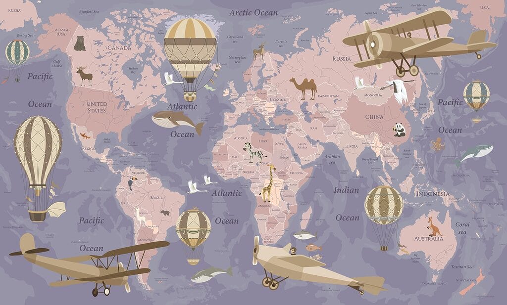 A map of the world with airplanes and hot air balloons A map of the world with airplanes and hot air balloons