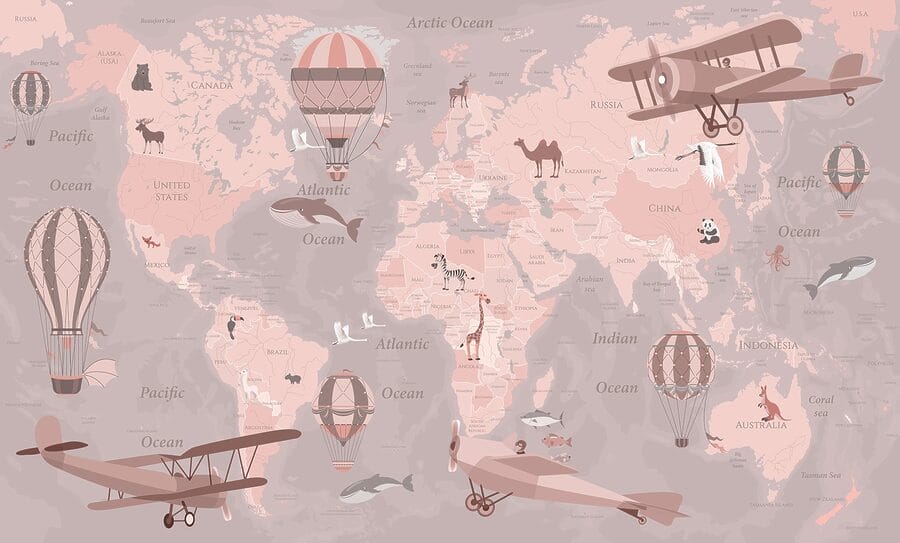 A map of the world with airplanes and hot air balloons