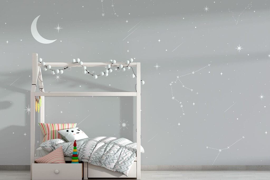 Grey sky with stars and moon