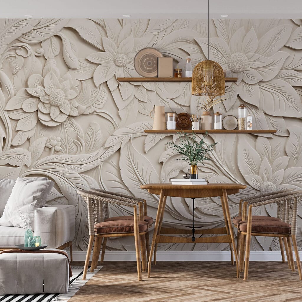 White wall with flowers and leaves White wall with flowers and leaves