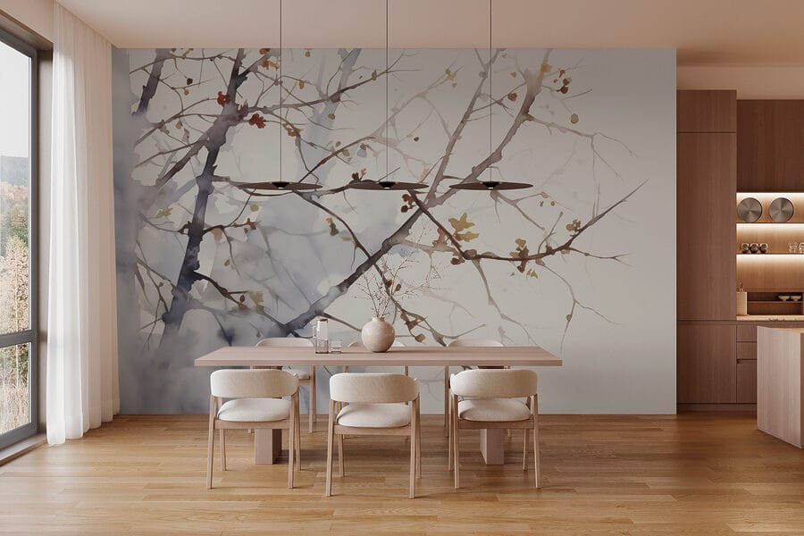 Wall murals Watercolor of a tree branch with leaves on it - Image 2