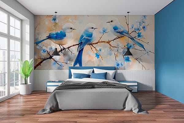 Wall murals Wall murals Group of blue birds on a branch (SKU: w03112)