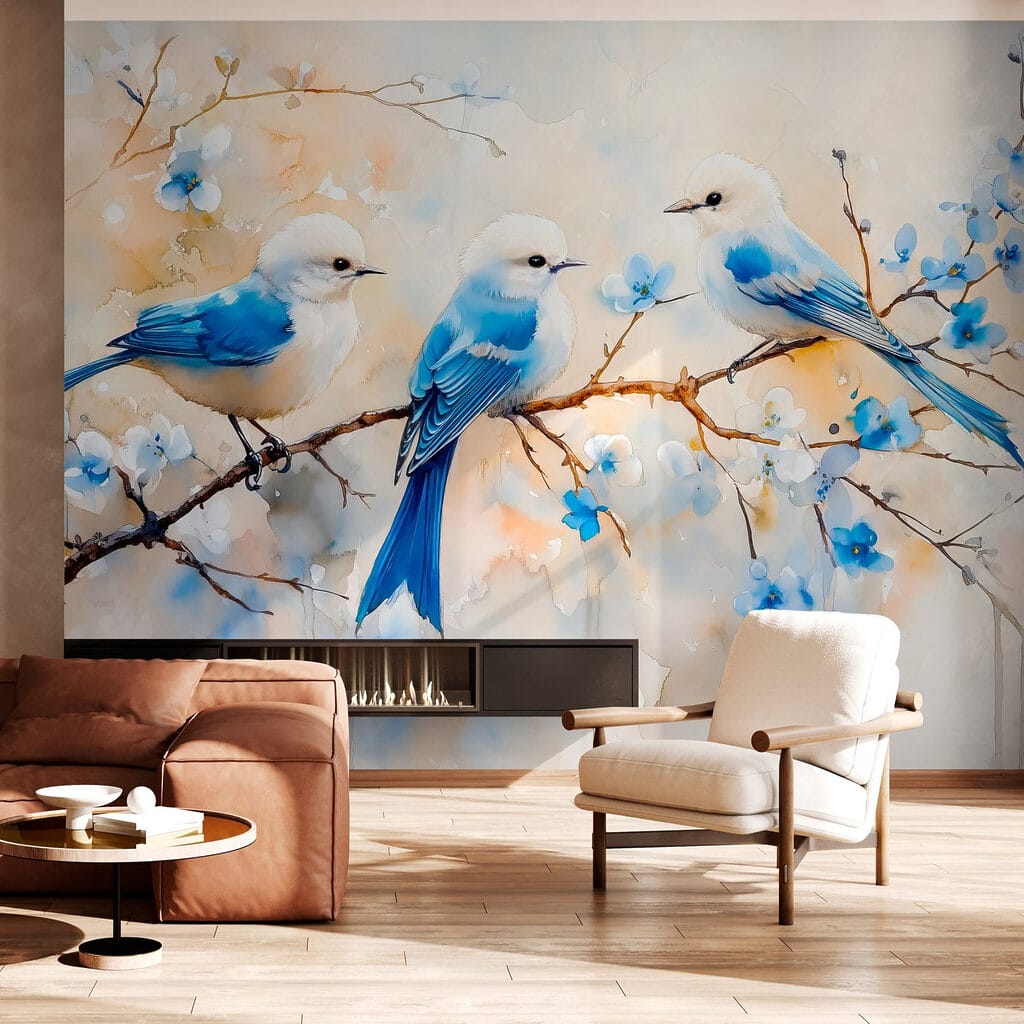 Group of blue birds on a branch