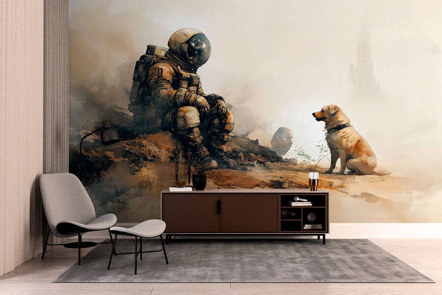 An astronaut sitting on a rock looking at a dog