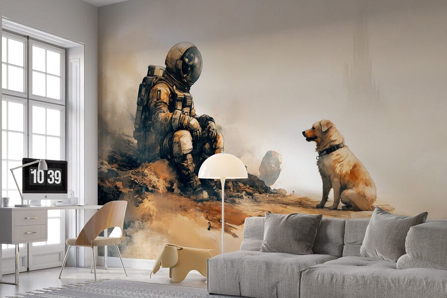 An astronaut sitting on a rock looking at a dog