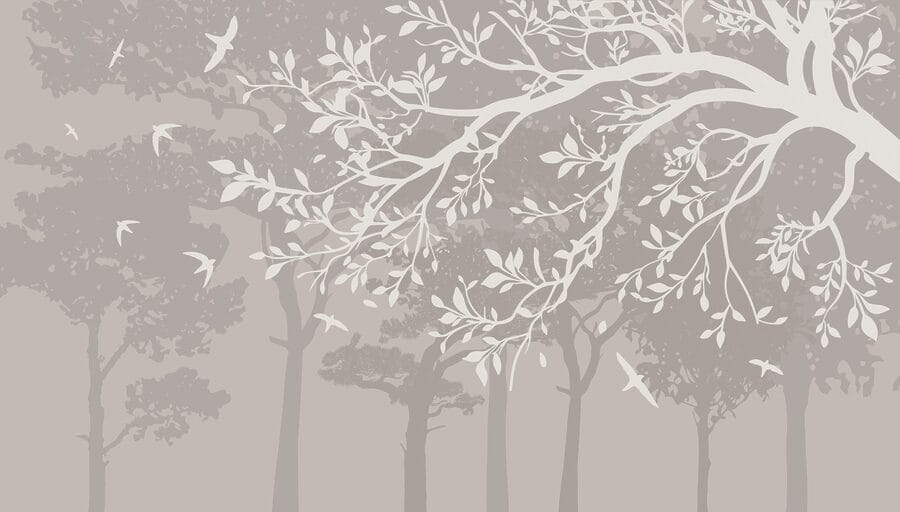 Group of trees with birds flying