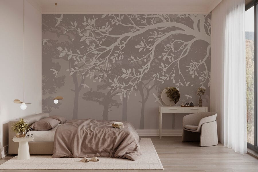 Group of trees with birds flying