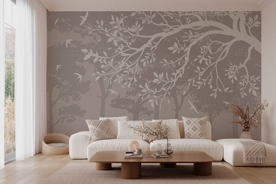 Group of trees with birds flying