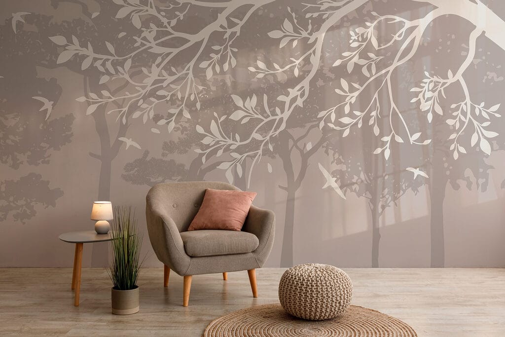 Group of trees with birds flying