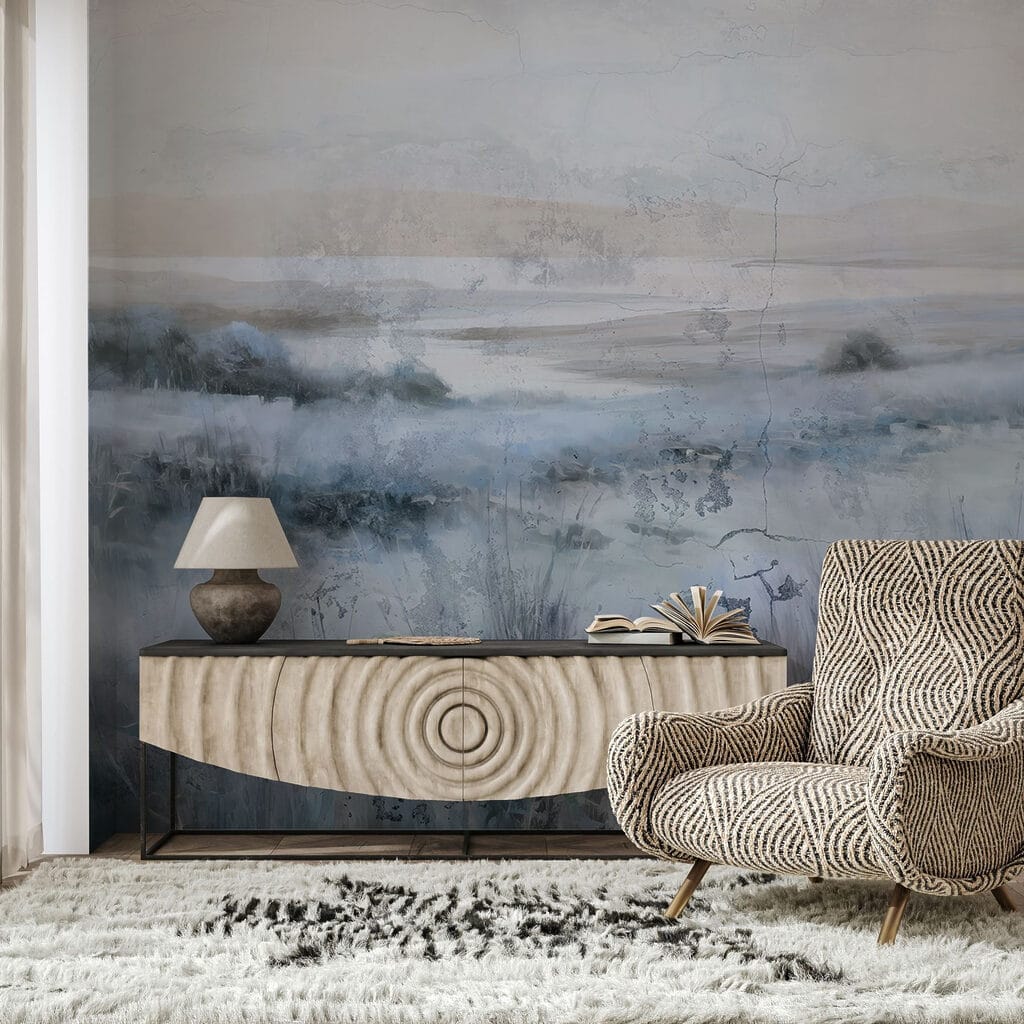 Painting of a field of grass and a river